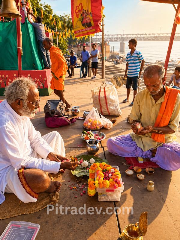 Tamil person performing asthi visarjan in Varanasi with priest preparing ritual offerings at Ganga ghat