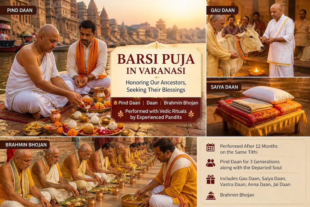 Barsi Ceremony Barsi ceremony in Varanasi depicting pind daan, gau daan, saiya daan and brahmin bhojan rituals performed after 12 months for ancestor peace