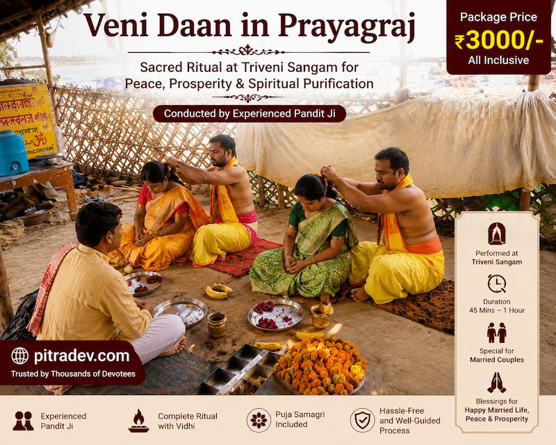 Two couples performing Veni Daan ritual at Triveni Sangam Prayagraj while pandit ji conducts puja with traditional offerings and hair ritual